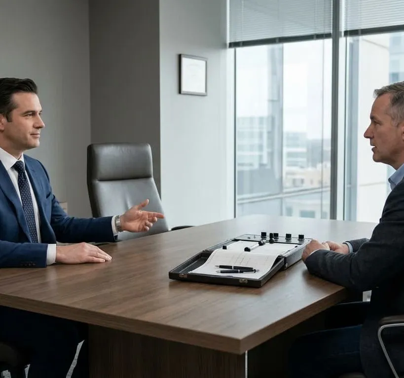 Man in a suit facing an investigator across a conference table with a polygraph machine during a voluntary polygraph test in a South Florida investigation