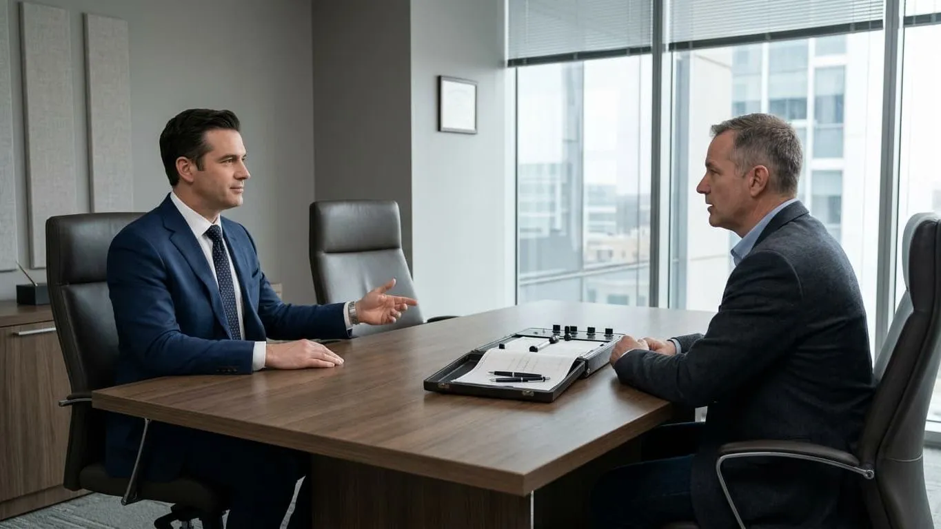 Man in a suit facing an investigator across a conference table with a polygraph machine during a voluntary polygraph test in a South Florida investigation