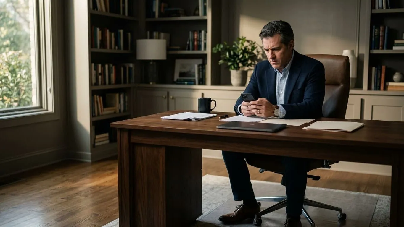 Worried professional man at his desk reading a sextortion threat on his phone, facing blackmail and false accusation demands in Florida.