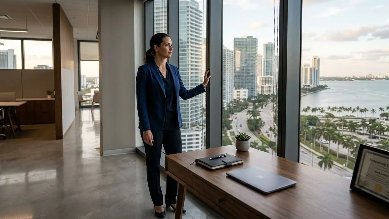 Professional woman in a navy suit standing at a high-rise office window overlooking a South Florida skyline, representing a Florida professional facing a false sex crime allegation and defending her license and career.