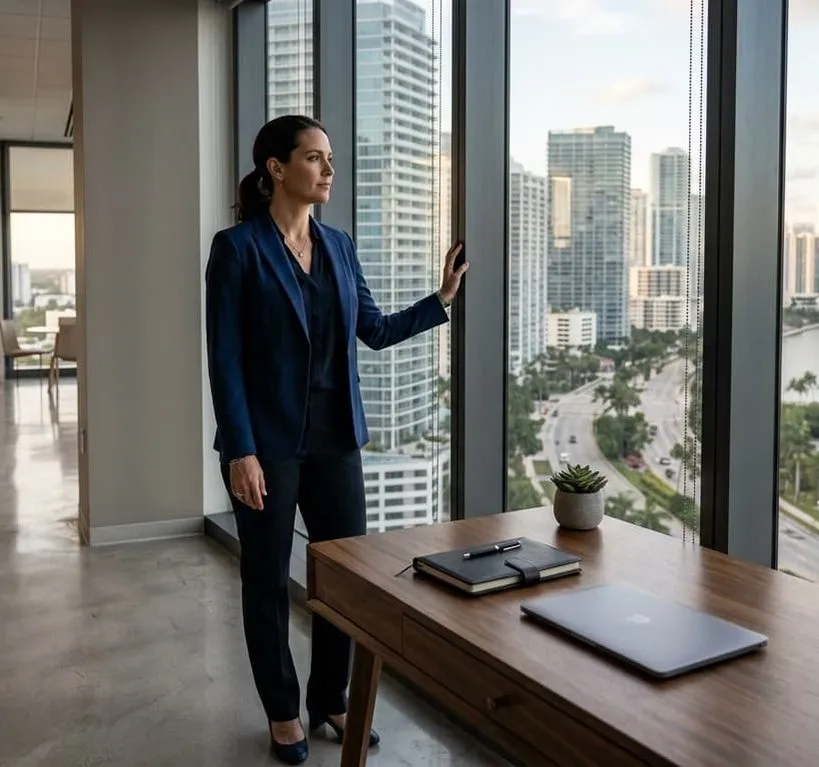 Professional woman in a navy suit standing at a high-rise office window overlooking a South Florida skyline, representing a Florida professional facing a false sex crime allegation and defending her license and career.