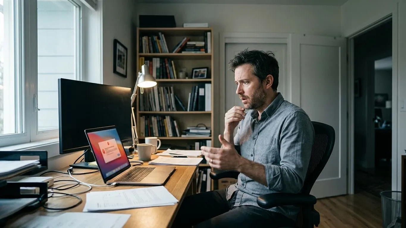 Man sitting at a home office desk looking concerned at a computer screen, representing someone facing a Florida digital investigation after accidentally accessing a restricted file online.