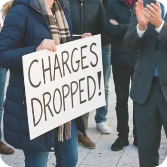 Client holding "Charges Dropped" sign with attorneys