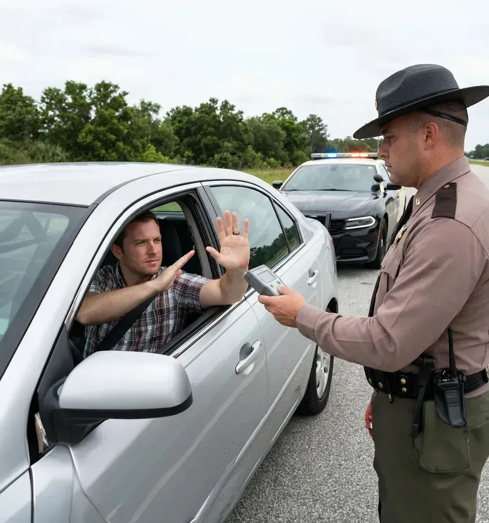 A police officer questioning a driver at a traffic stop