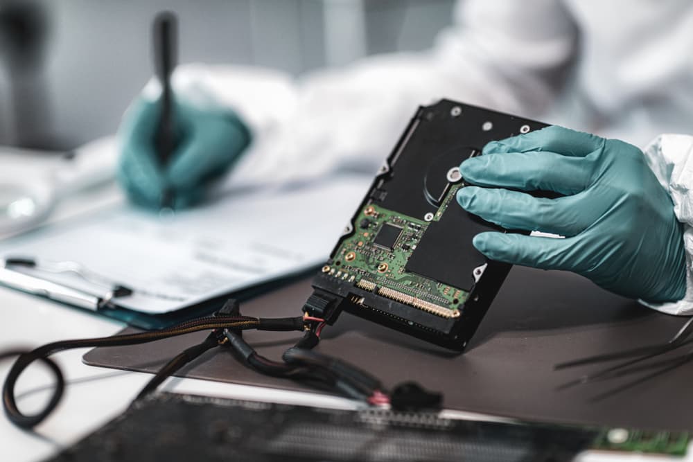 Investigador de ciencias forenses analizando un disco duro de computadora — que representa el concepto de informática forense e investigación de ciberdelitos.