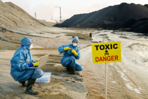 Dos ecologistas con overoles protectores estudiando las características del agua tóxica