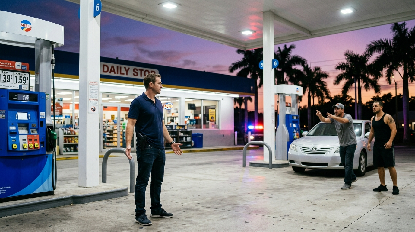 Man with a holstered firearm stands calmly as two men confront him at a Miami gas station at dusk, showing the self-defense facts behind an aggravated assault with a firearm case that was dismissed in Miami, Florida