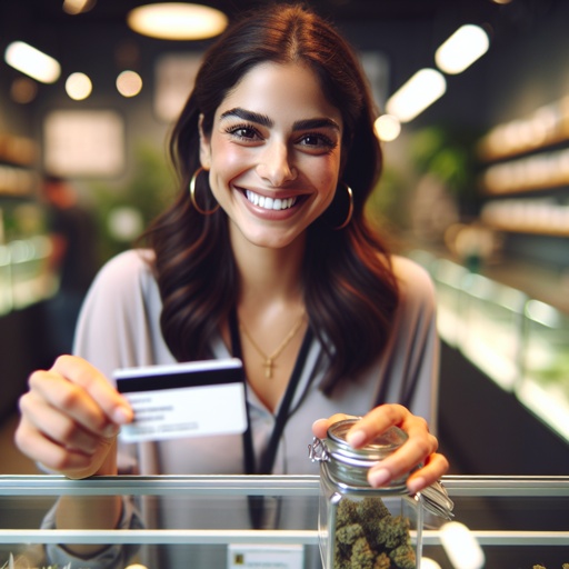 Smiling woman at a dispensary counter holding up a medical marijuana card next to a jar of cannabis buds.